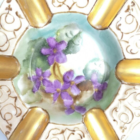 Antique Rosenthal Ashtray for 6 Hand Painted Gold Gilding Purple Flowers - Picture 2 of 8